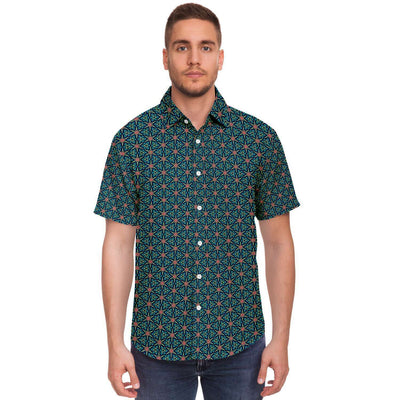 Green Blue Geometric Star Floral Print Men's Short Sleeve Button Down Shirt - kayzers
