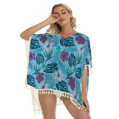 Blue Floral Flowers Monstera Leaf Tropical Print Women's Square Fringed Shawl, Bikini Cover Up