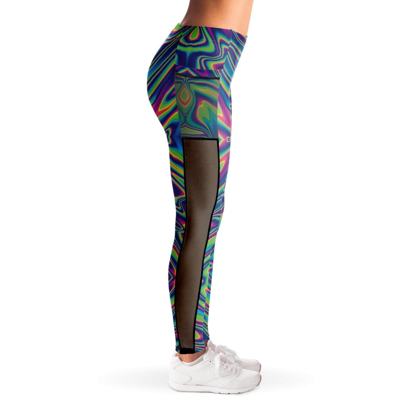 Abstract Liquid Psychedelic Holographic Mesh Pocket Leggings