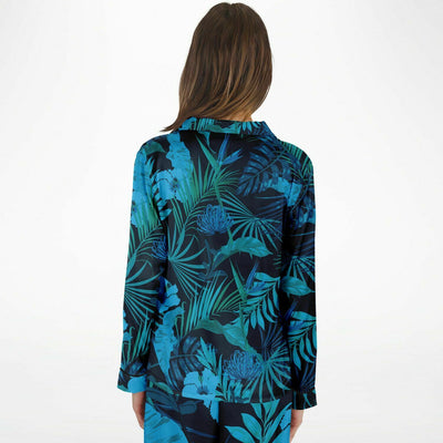 Blue Tint Floral Tropical Leaves Print 2 pc Matching Satin Pajamas Set - kayzers