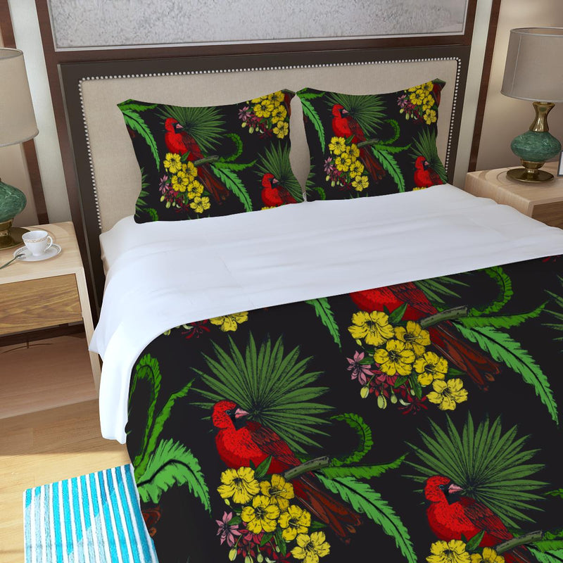 Floral Tropical Bird Macaw Paradise Print Three Piece Duvet Cover Set