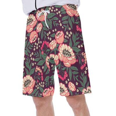 Mauve Tropical Flowers Beach Floral Print Men's Beach Hawaiian Shorts