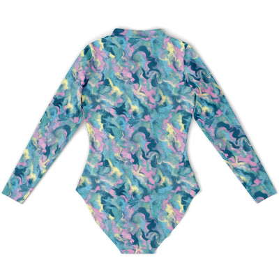 Glitter Iridescence Liquid Watercolor Hand drawn Paint Abstract Art Print Long Sleeve Bodysuit With UV Protection - kayzers