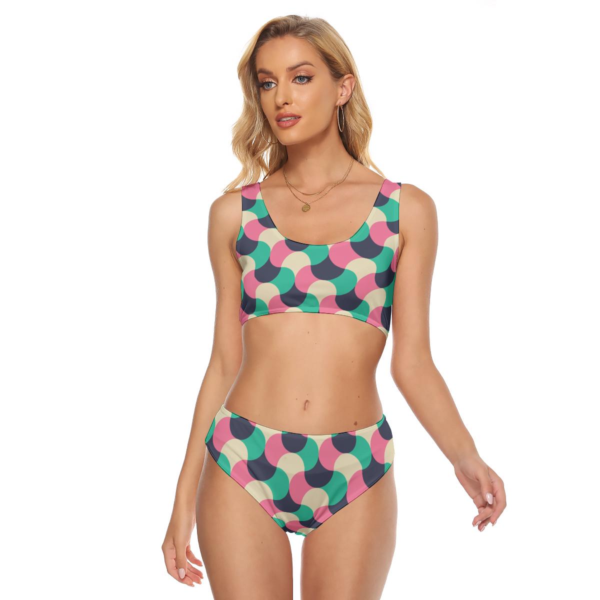 Retro Colorful Shapes Print Women's Crop Top Swimwear Suit, Two Piece Swimsuit