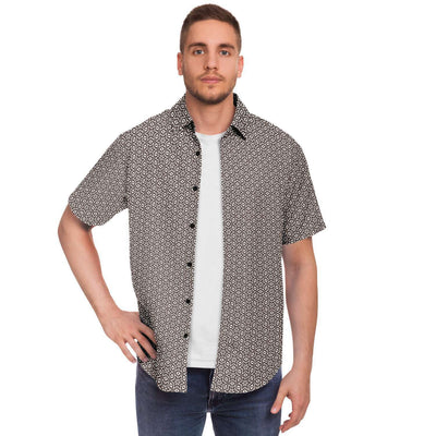 Chocolate Brown Floral Geometric Print Men's Short Sleeve Button Down Shirt - kayzers