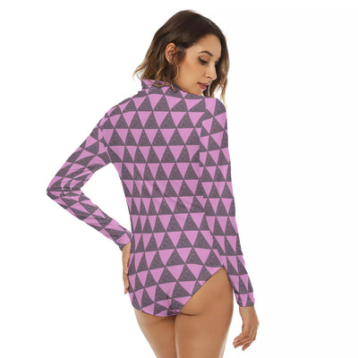 Triangle Maze Print Women's Turtleneck Long Sleeve Bodysuit