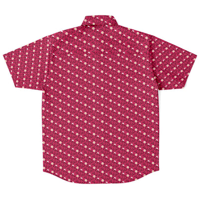 Rose Red Floral Ornamental Print Men's Short Sleeve Button Down Shirt - kayzers