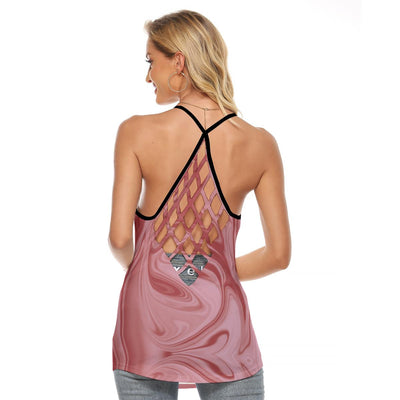 Pink Wine Red Print Women's Criss-Cross Open Back Tank Top, Abstract Liquid Waves Marble Tank Top