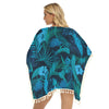 Blue Tropical Palm Leaves Beach Floral Flowers Print Women's Square Fringed Shawl, Bikini Cover Up