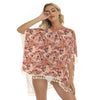 Peach Floral Flowers Print Women's Square Fringed Shawl, Bikini Cover Up