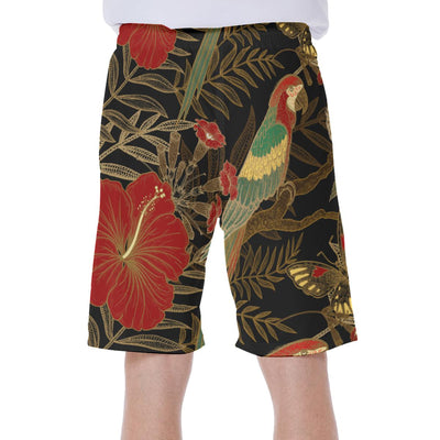 Tropical Red Hibiscus Flower Macaw Floral Print Men's Beach Hawaiian Shorts