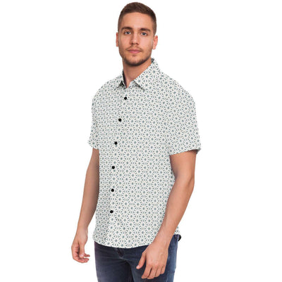 White Floral Geometric Print Men's Short Sleeve Button Down Shirt - kayzers
