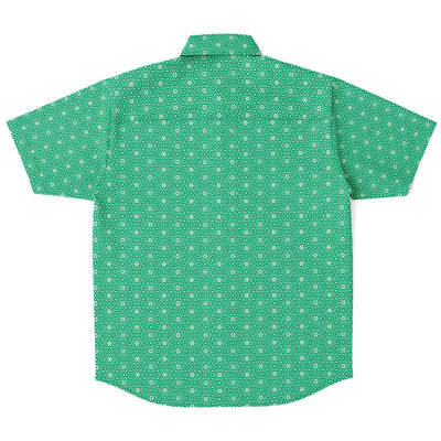 Light Green Floral Geometric Print Men's Short Sleeve Button Down Shirt - kayzers