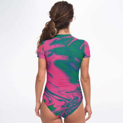 Pink Green Psychedelic Pop Art Waves Swirls Twirl Bright Colors Lsd Dmt Short Sleeve Bodysuit - kayzers