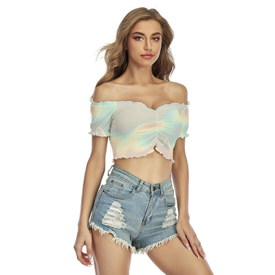Ombre Iridescence Holographic Abstract Cloud Print Women's Off-Shoulder Blouse