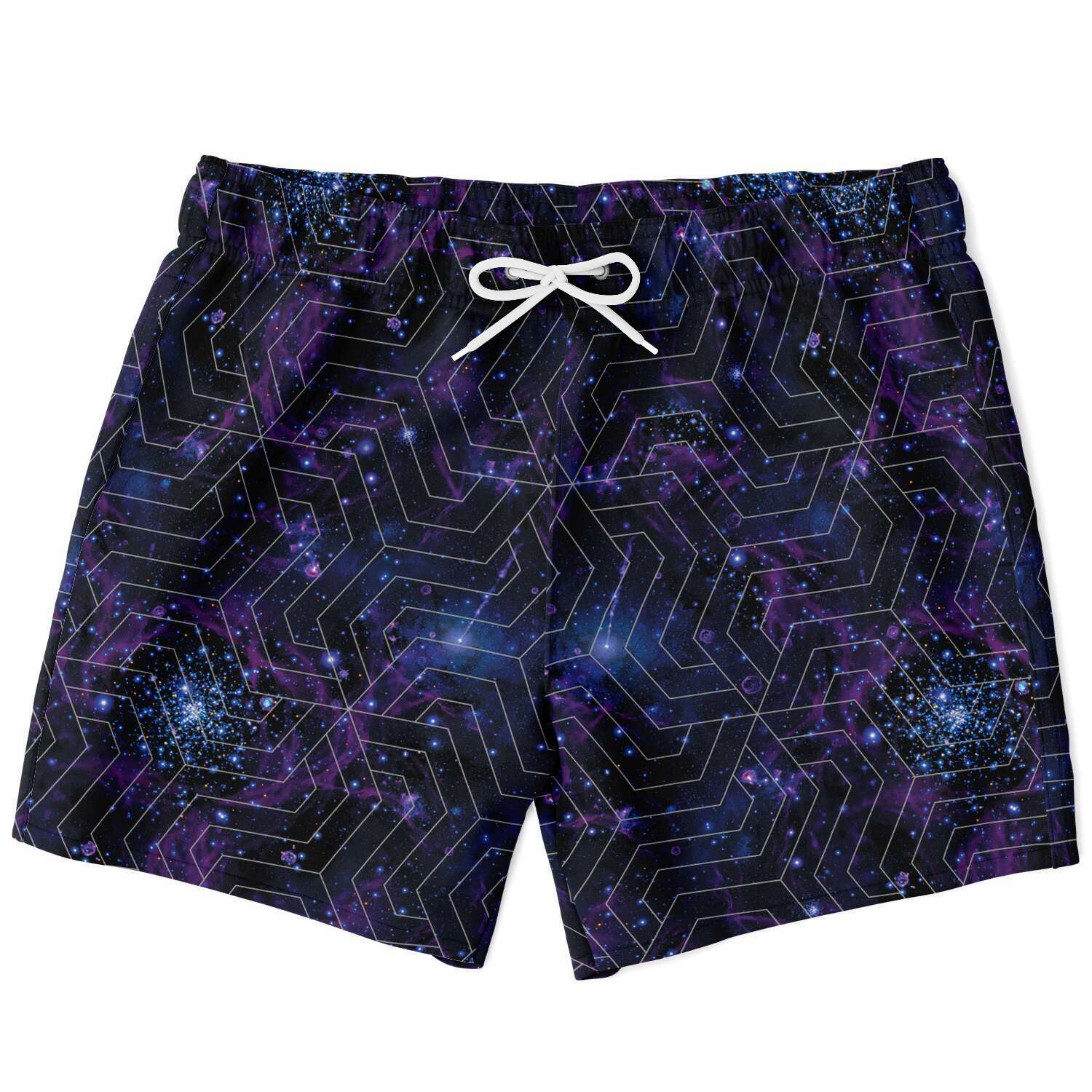 Galaxy Geometric Space Stars Print Swim Trunks, Surf Shorts, Swim Shorts - kayzers