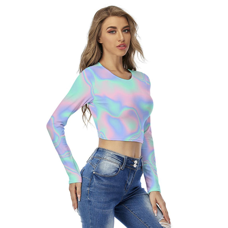 Ombre Iridescence Holographic Long Sleeves Crop Top, Blue Pink Hues Round Neck Crop Top T-Shirt