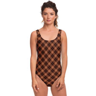 Black Brown Checks Plaid Pattern Women's One Piece Swimsuit - kayzers