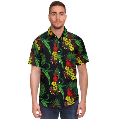 Tropical Macaw Yellow Flowers Hawaiian Button Down Men's Shirt, Hawaiian Beach Shirt - kayzers