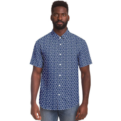 Classic Blue Floral Geometry Print Men's Short Sleeve Button Down Shirt - kayzers