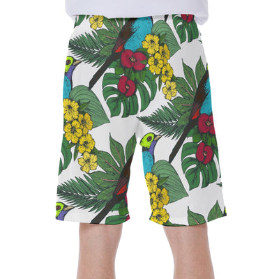 Tropical Yellow Flowers Palm Leaves Print On White Robin Bird Beach Hawaiian Men's Beach Shorts