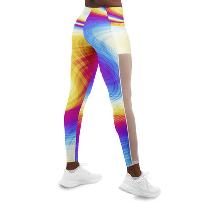 Pink Yellow Hues Abstract Summer Waves Psychedelic Beach Light Summer Ocean Cool Mesh Pocket Leggings - kayzers