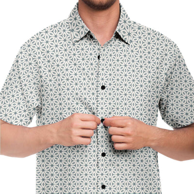 White Floral Geometric Print Men's Short Sleeve Button Down Shirt - kayzers