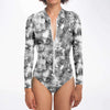 Black Grey Abstract Galaxy Marble Texture Print Long Sleeve Bodysuit With Uv Protection - kayzers