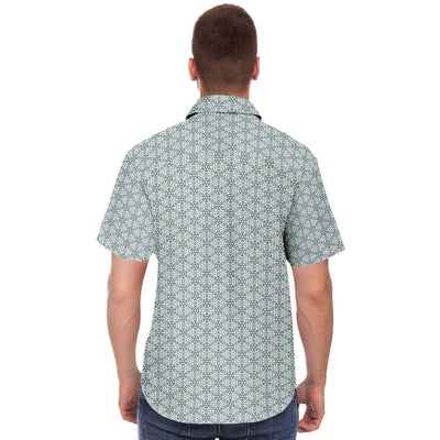 Jade Green Floral Geometric Men's Short Sleeve Button Down Shirt - kayzers