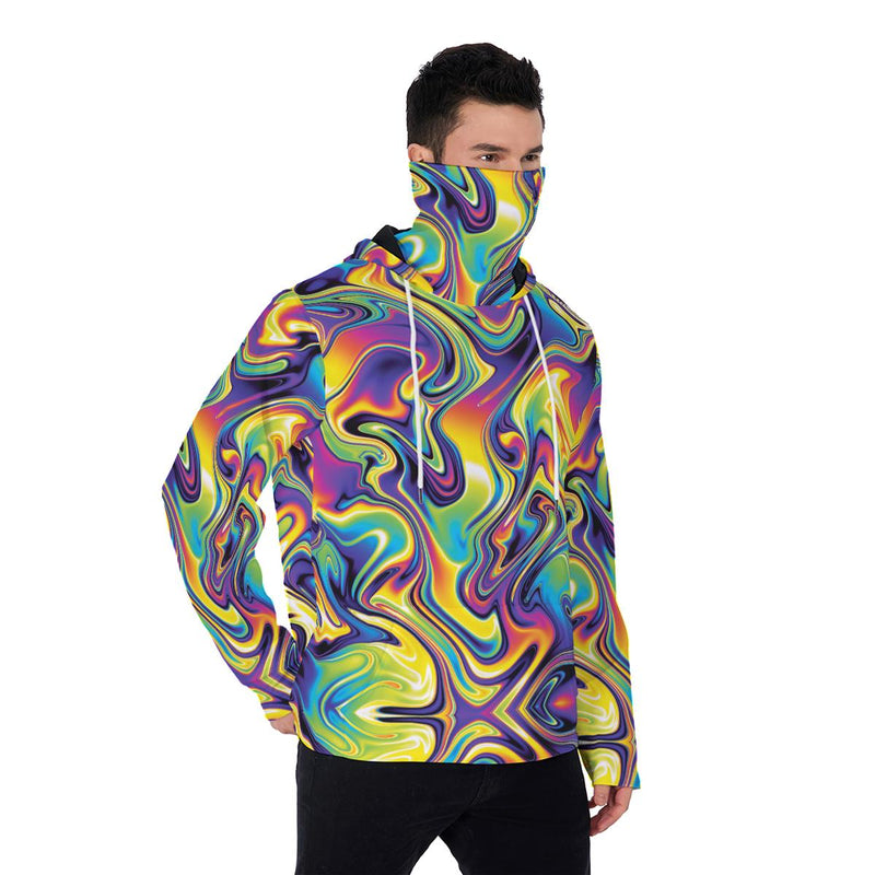 Colorful Abstract Psychedelic Liquid Waves Ripple Print  Men's Fur Lined Pullover Hoodie With Mask
