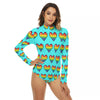 Turquoise Pixeled Rainbow Heart Print Women's Turtleneck Long Sleeve Bodysuit