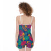 Abstract Colorful Floral Leaves Tropical Print Jumpsuit Romper Women's Suspender Shorts