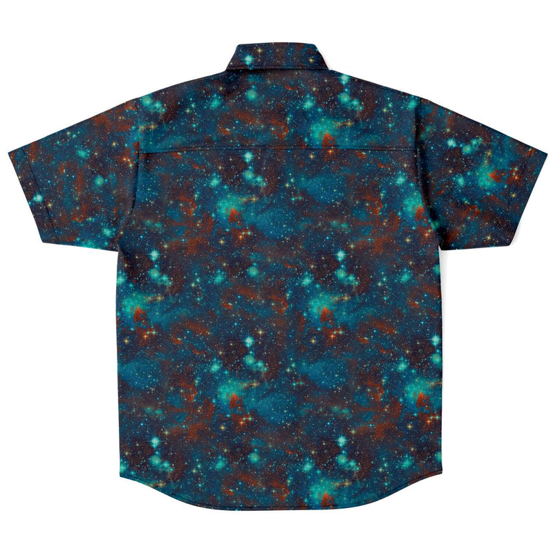 Blue Sky Galaxy Stars Space Abstract Clouds Print Short Sleeve Button Down Men's Shirt - kayzers