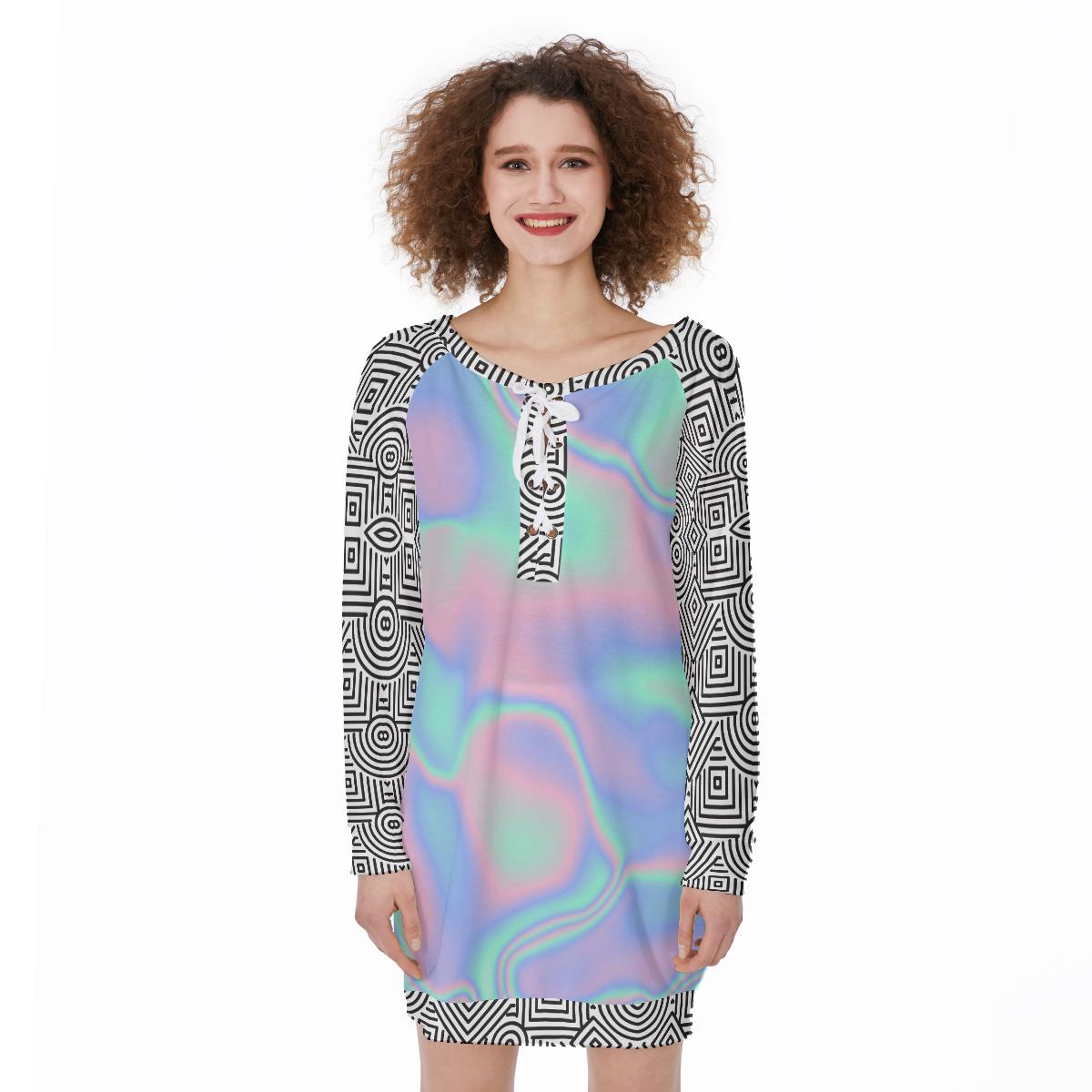 Abstract Cotton Candy Cloud Holographic Iridescent Geometric Women's Lace-Up Sweatshirt