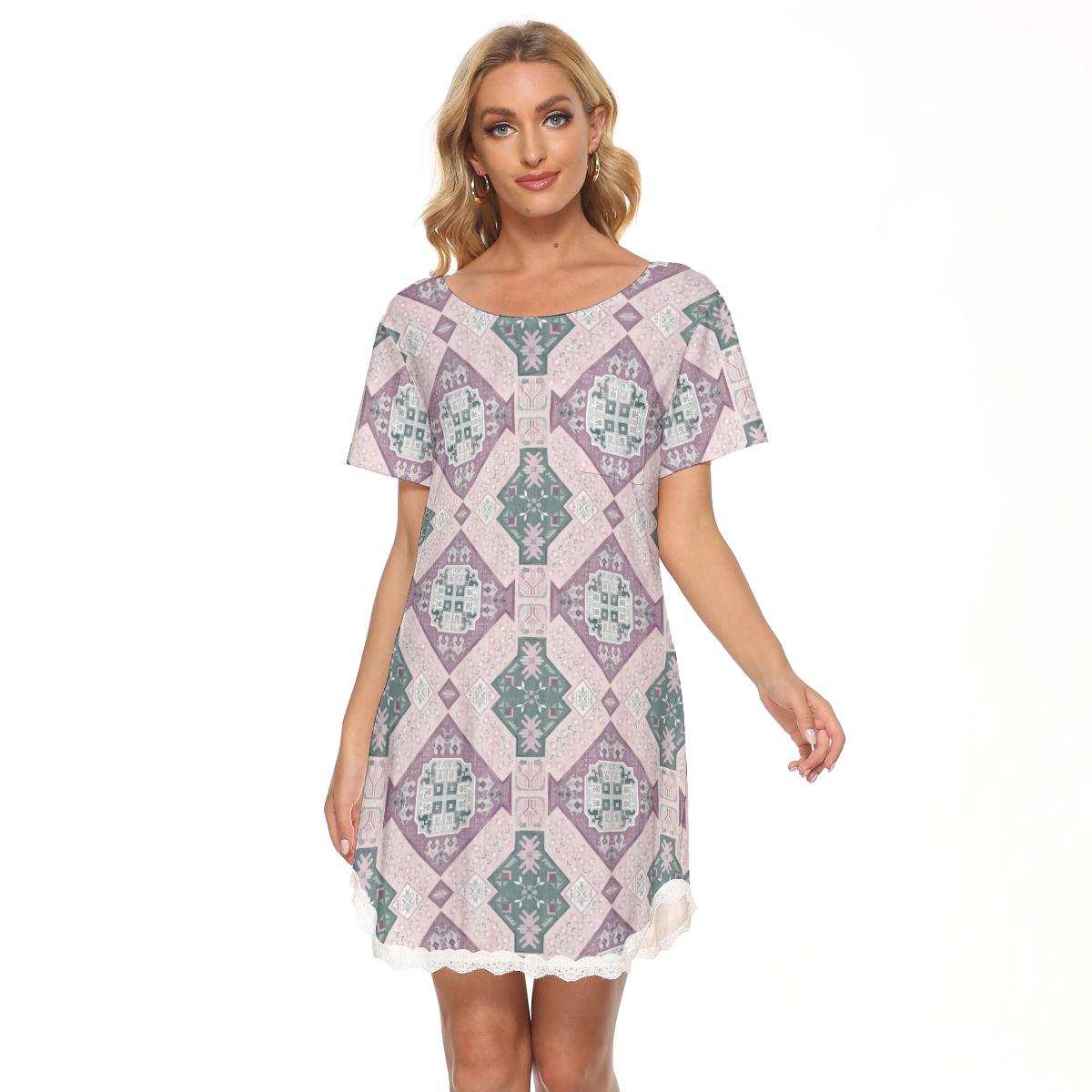 Plum Teal Bohemian Aesthetic Print Women's Dress With Lace Edge