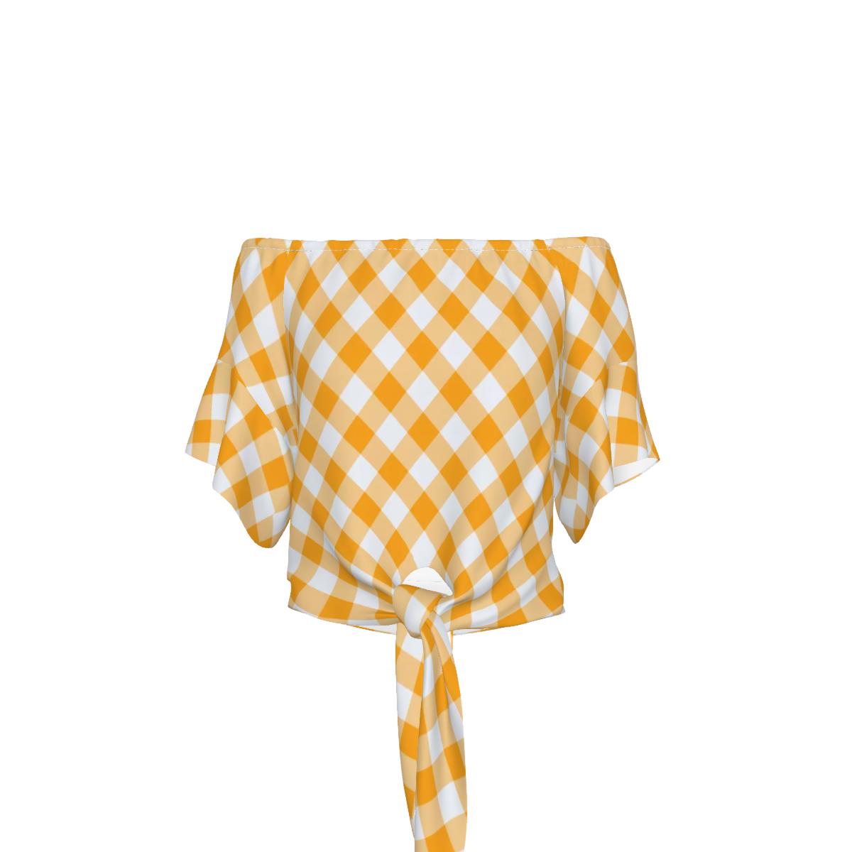 White Yellow Check Plaid Pattern All-Over Print Off-Shoulder Blouse