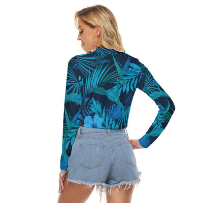 Blue Tropical Beach Palm Leaves Montsera Paradise Print Women's Hollow Chest Tight Crop Top