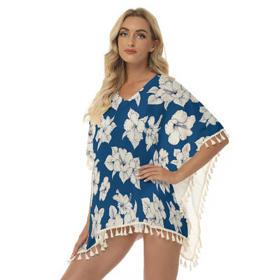 Blue White Floral Hibiscus Tropical Flowers Print Women's Square Fringed Shawl, Bikini Cover Up