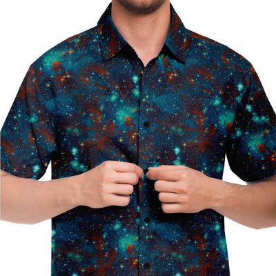 Blue Sky Galaxy Stars Space Abstract Clouds Print Short Sleeve Button Down Men's Shirt - kayzers