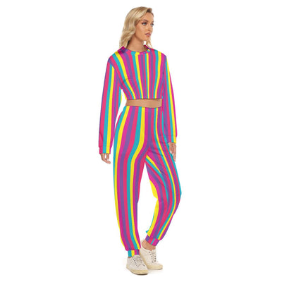 Colorful Stripes Print Women's Crop Sweatshirt Pants Suit, Striped Matching Two Piece Set