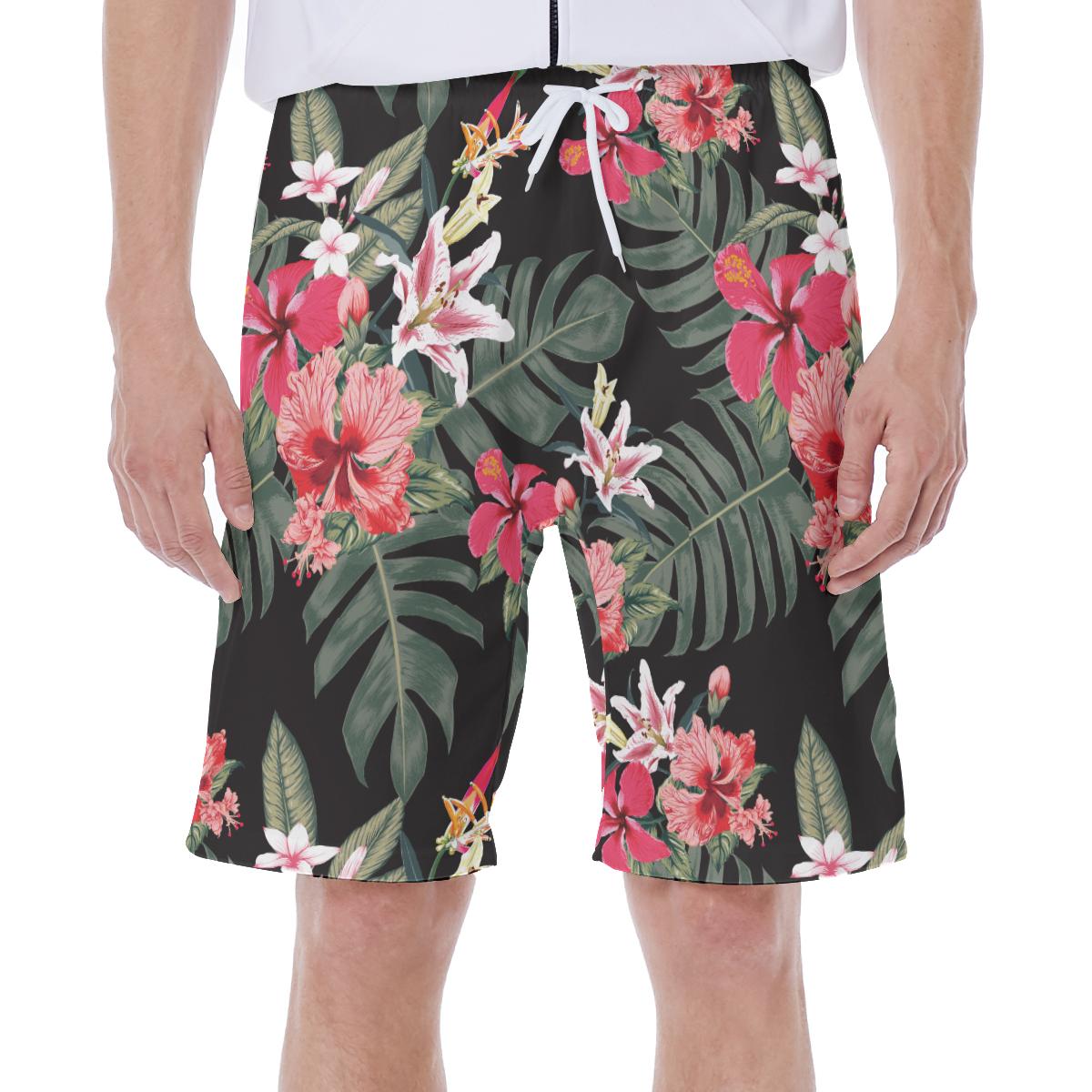 Tropical Pink Flowers Palm Leaves Beach Hawaiian Print Men's Beach Shorts