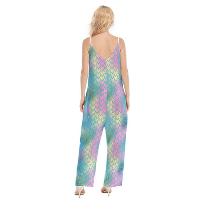 Mermaid Scales Glitter Blue Pink Abstract Print Women's Loose Cami Jumpsuit