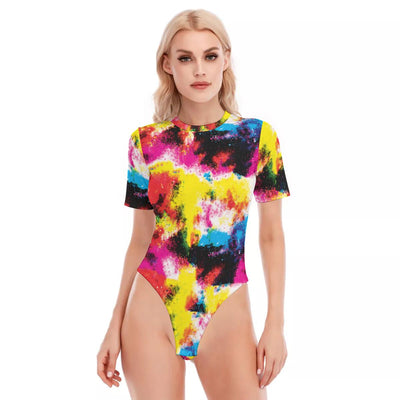 Colorful Abstract Paint Print Women's O-neck Short Sleeve Bodysuit