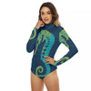 Sea Horse Print Women's Turtleneck Long Sleeve Bodysuit