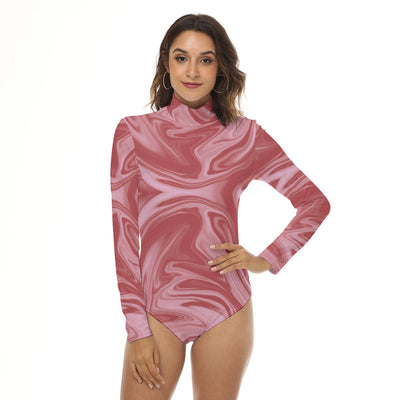 Abstract Pink Wine Red Abstract Liquid Print Women's Stretchy Turtleneck Long Sleeve Bodysuit