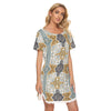 Silver Mustard Teal Bohemian Print Women's Dress With Lace Edge