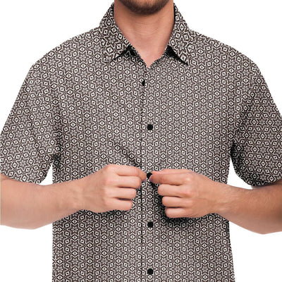 Chocolate Brown Floral Geometric Print Men's Short Sleeve Button Down Shirt - kayzers