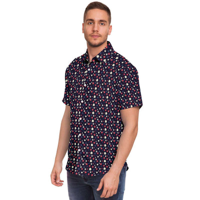 White Red Floral Print Men's Short Sleeve Button Down Shirt - kayzers