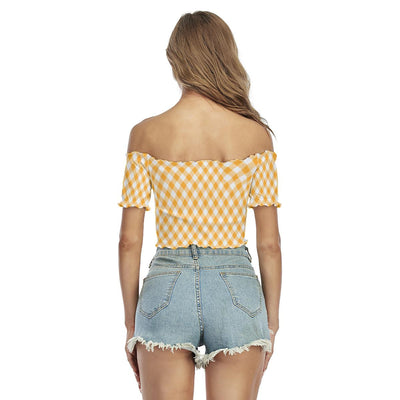 Yellow Check Plaid Print Women's Off-Shoulder Blouse
