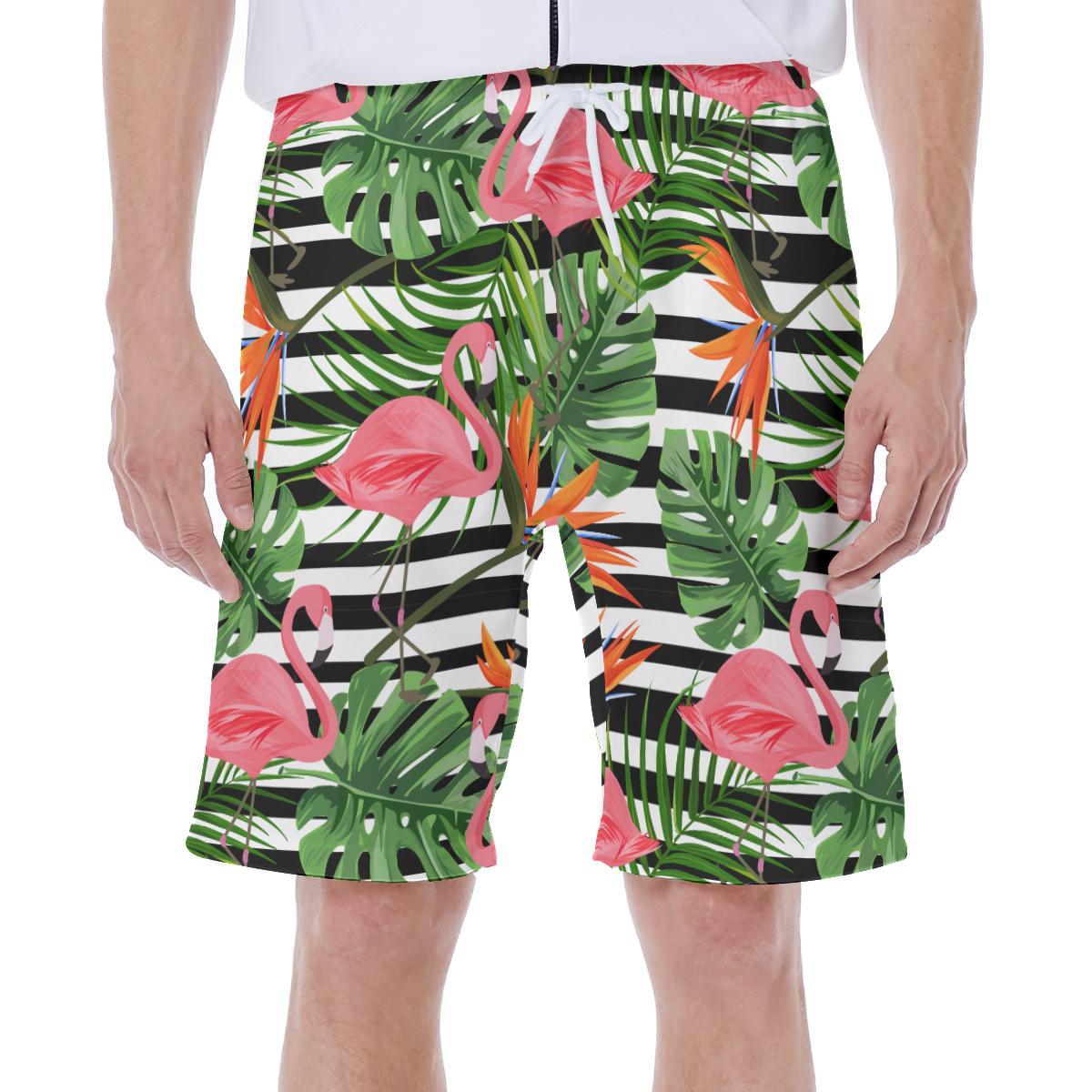 Tropical Palm Leaves Flamingo Print Men's Beach Hawaiian Shorts